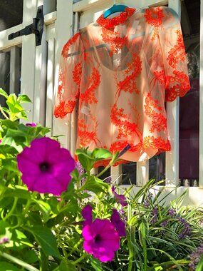 Alice McCall Honeymoon Sheer Lace Top | Orange Floral Embroidered Mesh Mock Neck